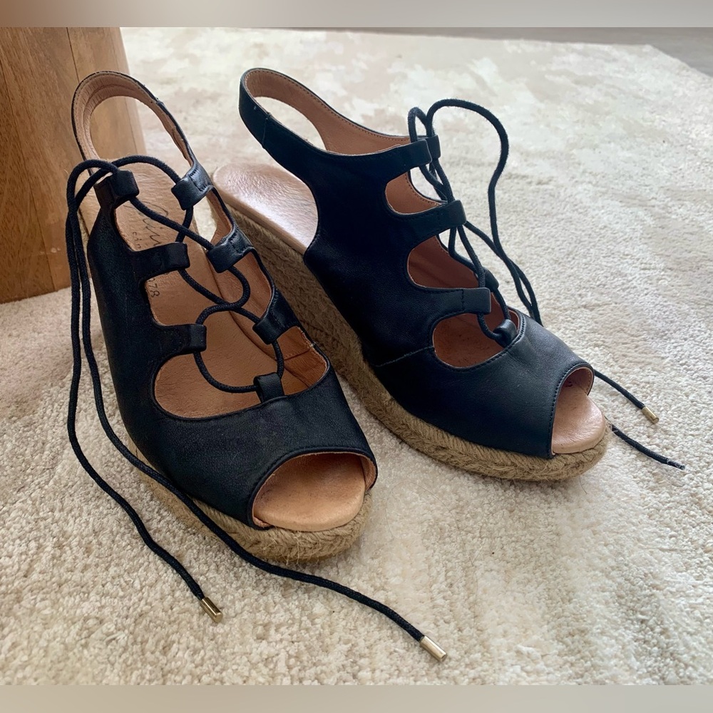 Black Leather Lace-Up Wedge Sandals